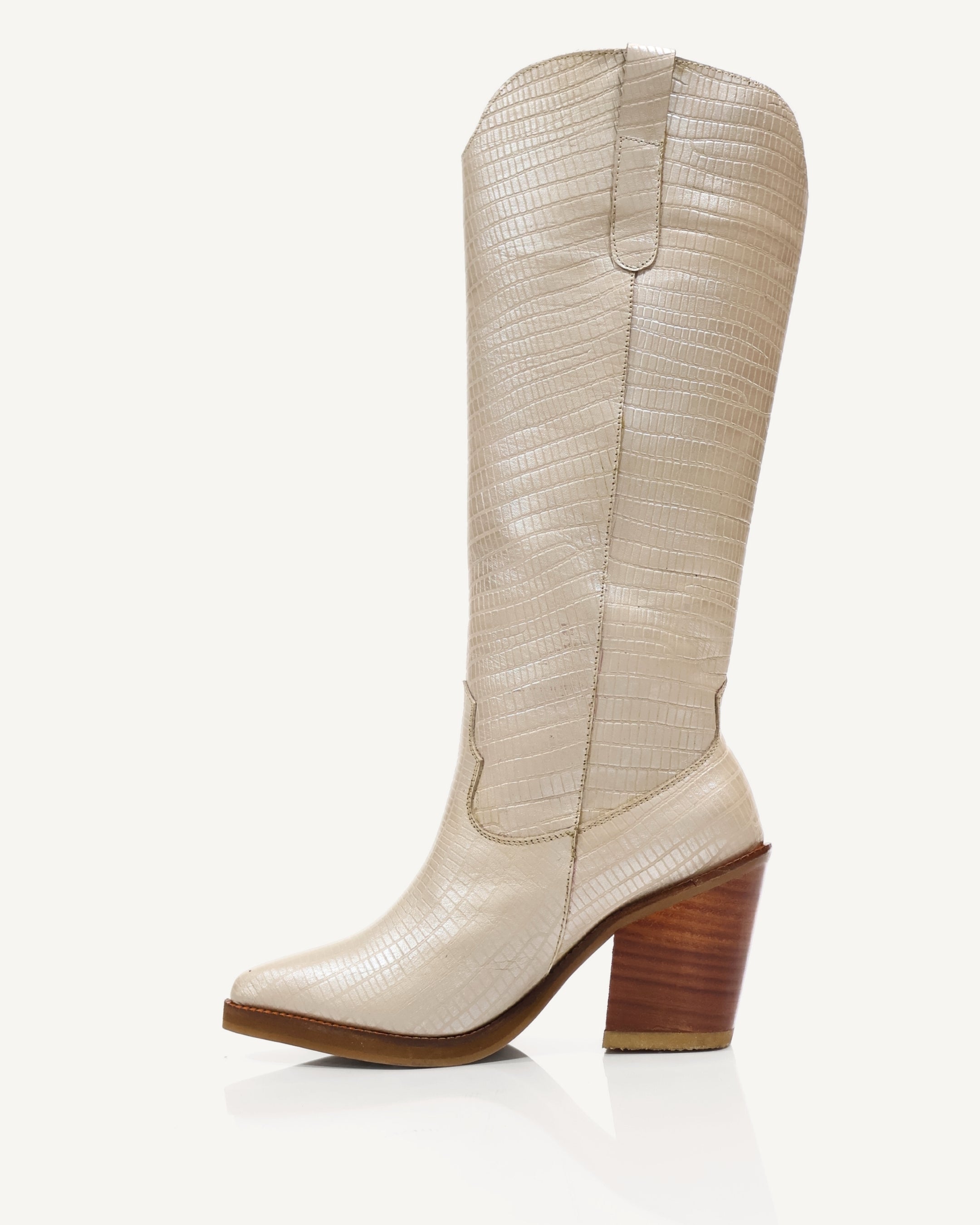Botas Texanas Caña Alta en Cuero Texturizado Amelie Beige - Antonina