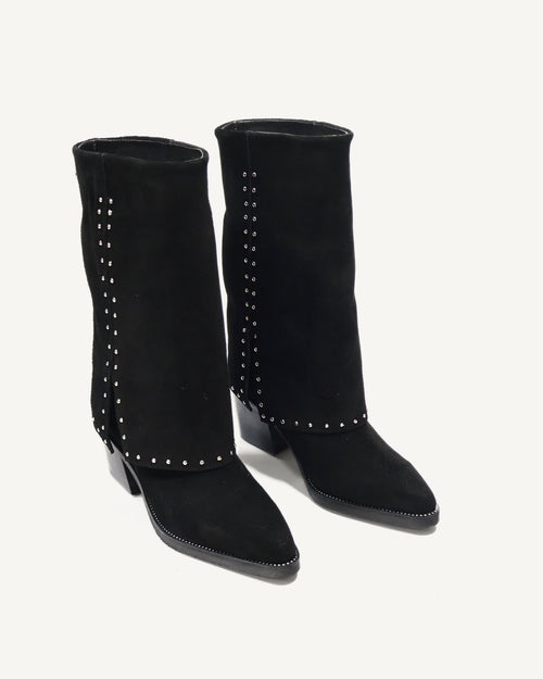 Botas Media Caña en Doble Capa de Cuero Carnaza con Taches Andorra Negro - Antonina
