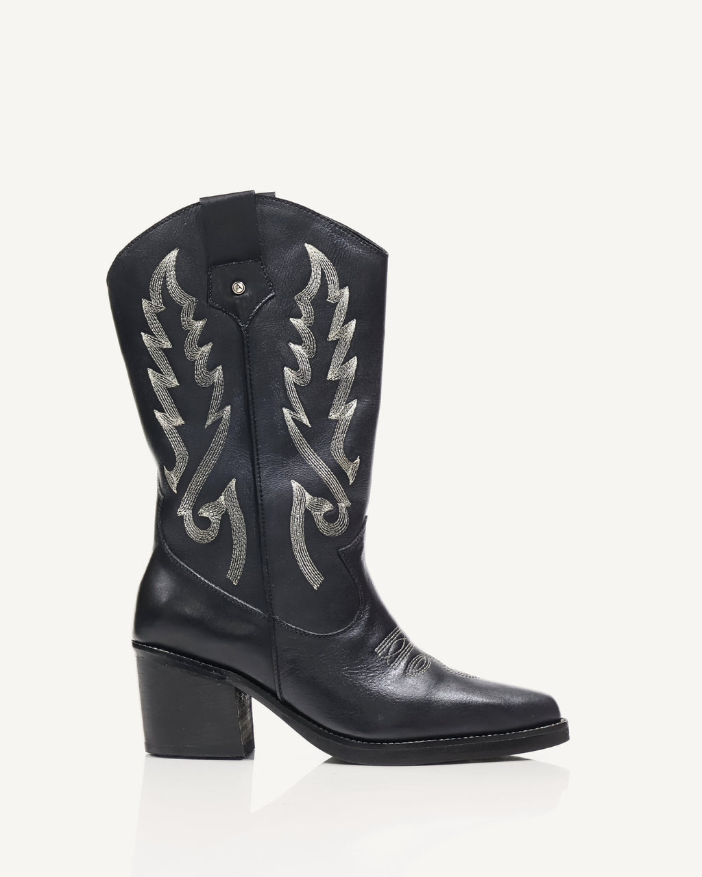 Botas Texanas Caña Media en Cuero con Bordado Aurora Negro - Antonina