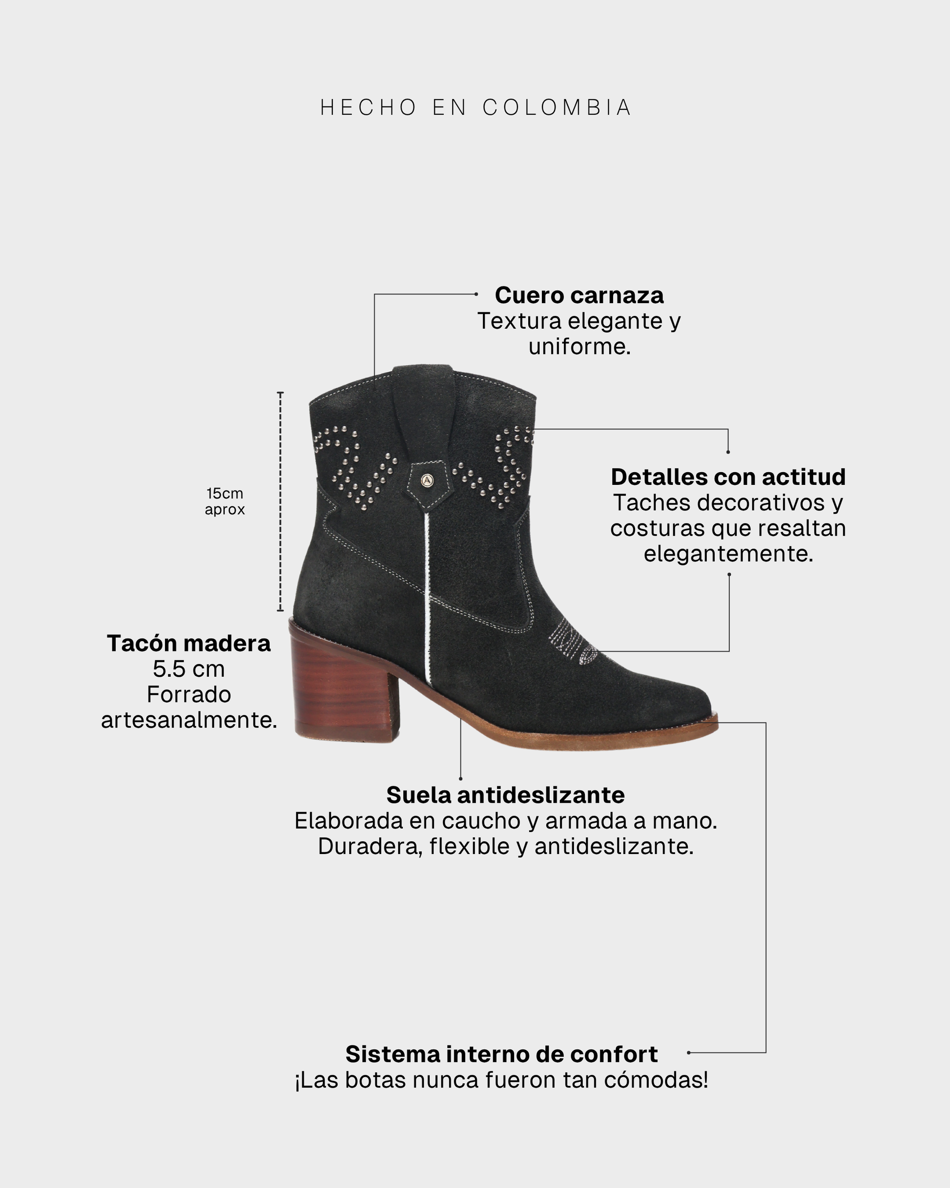 Botas Texanas en Cuero Carnaza Baylor Gris Carbón