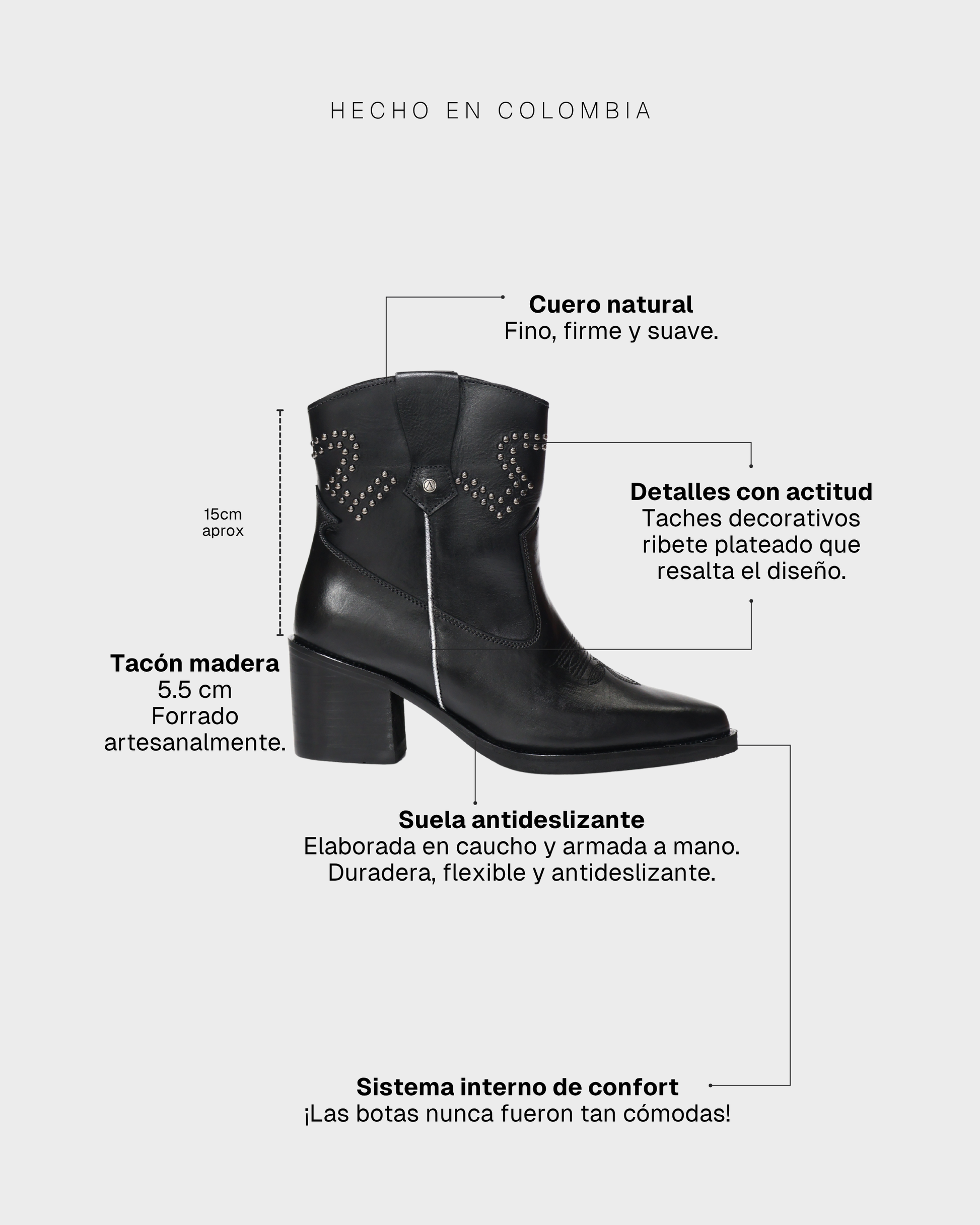 Botas Texanas en Cuero Baylor Negro con Ribete Plateado