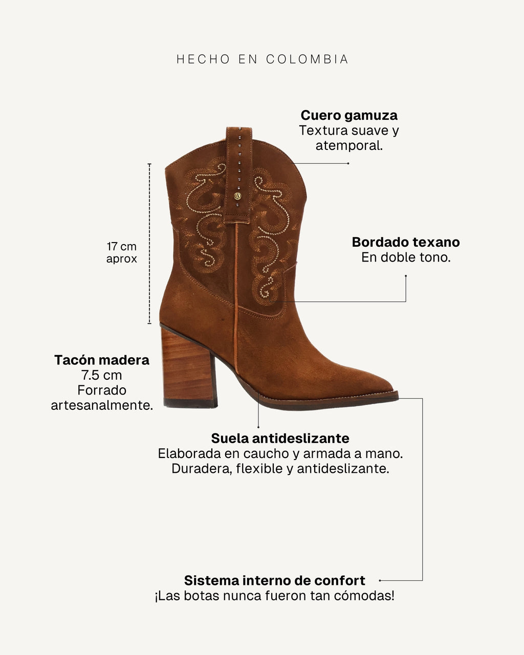 Botines Texanos en Cuero Gamuza con Bordado Dallas Tabaco - Antonina