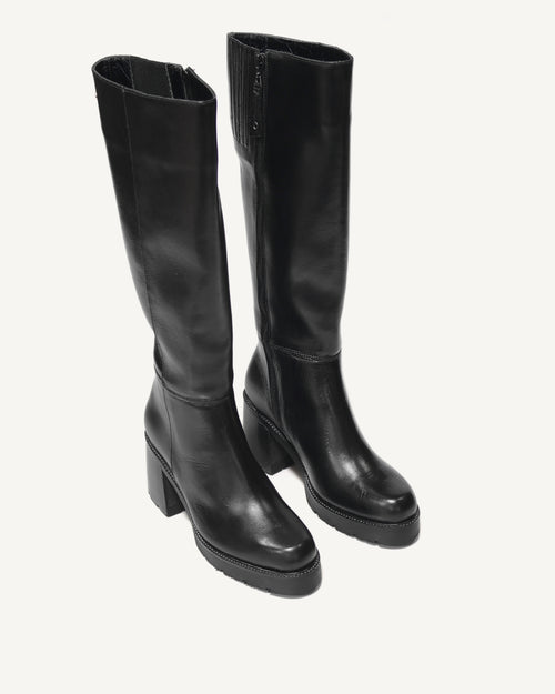 Botas Caña Larga en Cuero con Resorte London Negro - Antonina