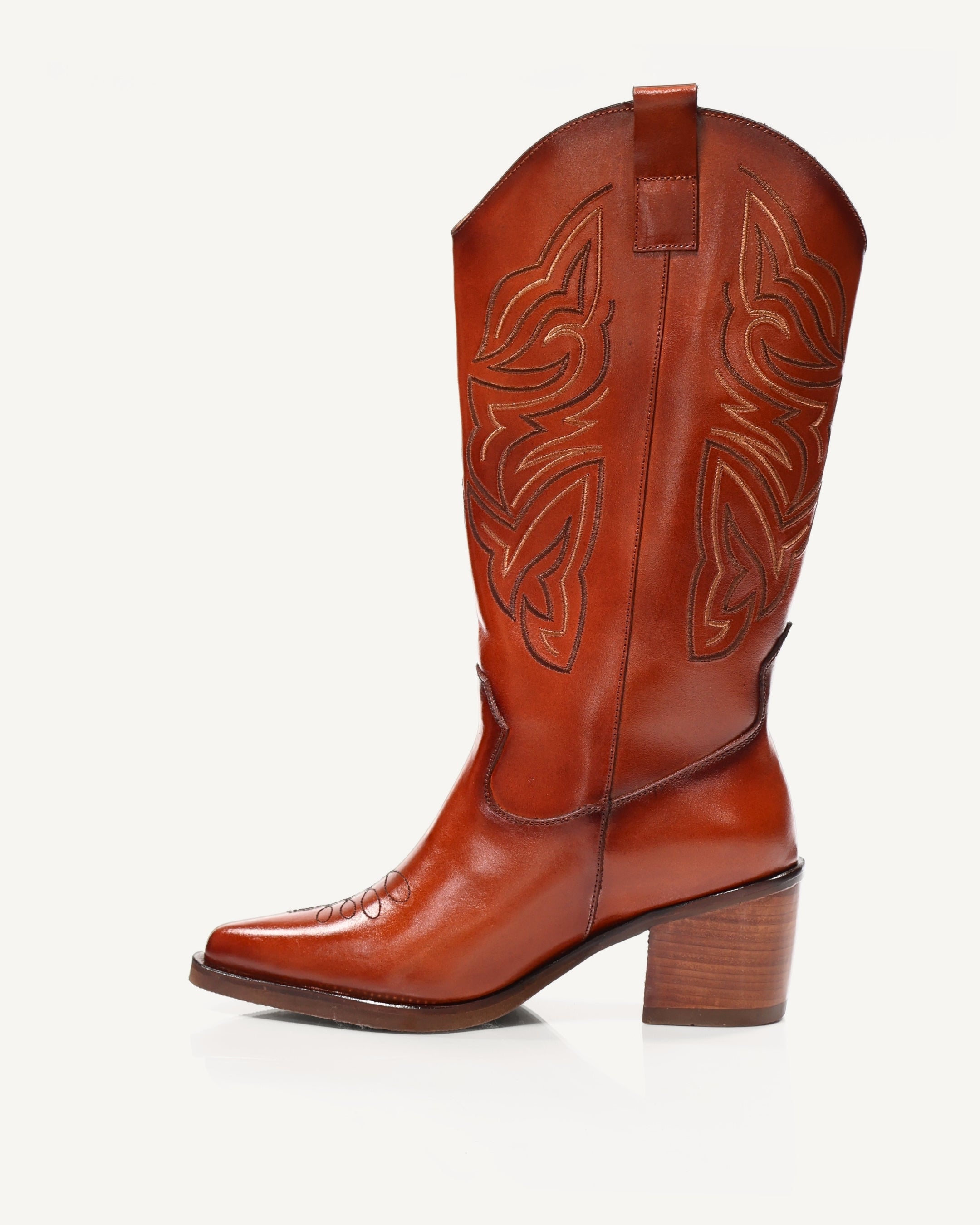 Botas Texanas Caña Media-Alta en Cuero con Bordado en Doble Color Oaxaca Miel - Antonina