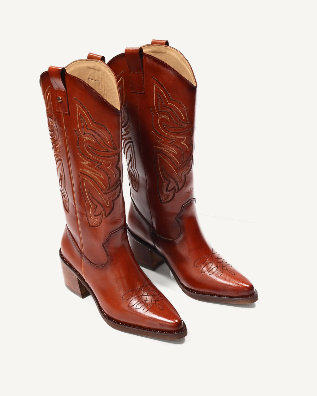 Botas Texanas Caña Media-Alta en Cuero con Bordado en Doble Color Oaxaca Miel - Antonina