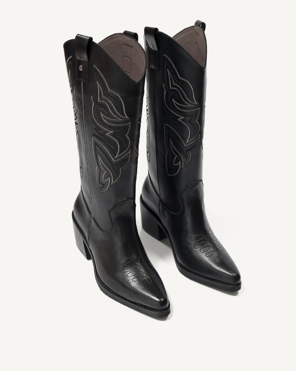 Botas Texanas Caña Media-Alta en Cuero con Bordado en Doble Color Oaxaca Negro - Antonina