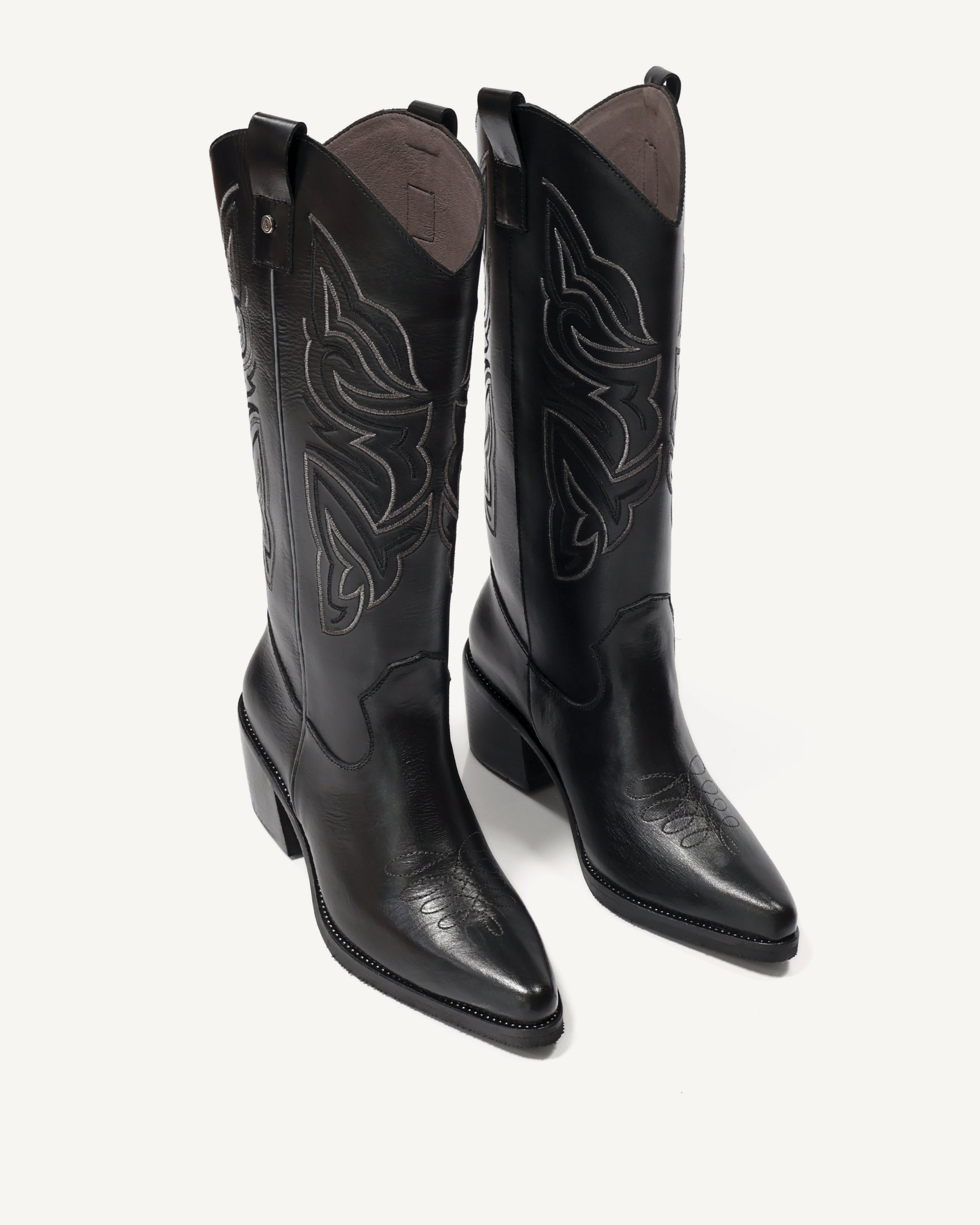 Botas Texanas Caña Media-Alta en Cuero con Bordado en Doble Color Oaxaca Negro - Antonina
