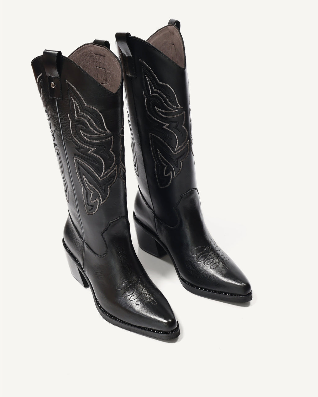 Botas Texanas Caña Media-Alta en Cuero con Bordado en Doble Color Oaxaca Negro - Antonina