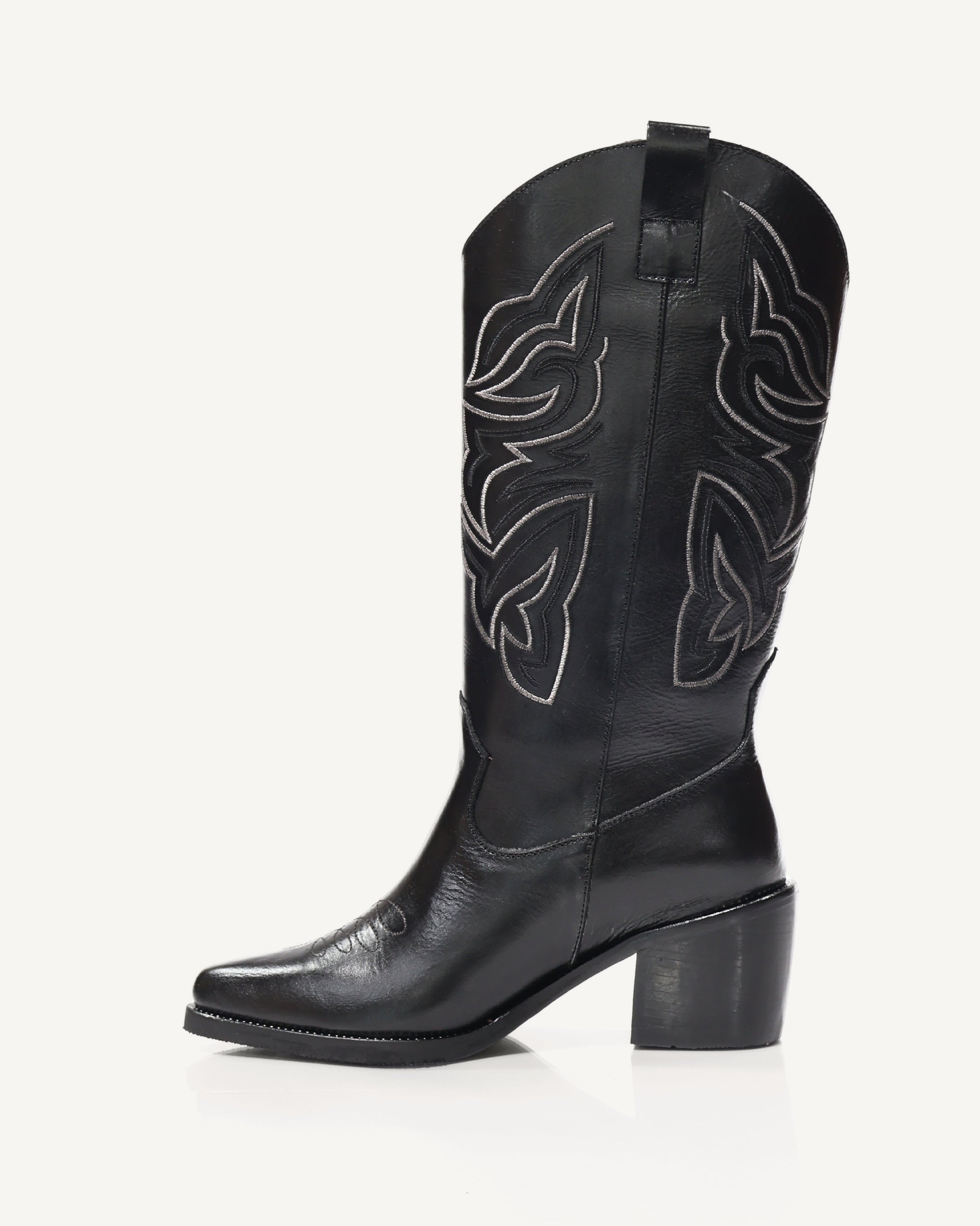 Botas Texanas Caña Media-Alta en Cuero con Bordado en Doble Color Oaxaca Negro - Antonina