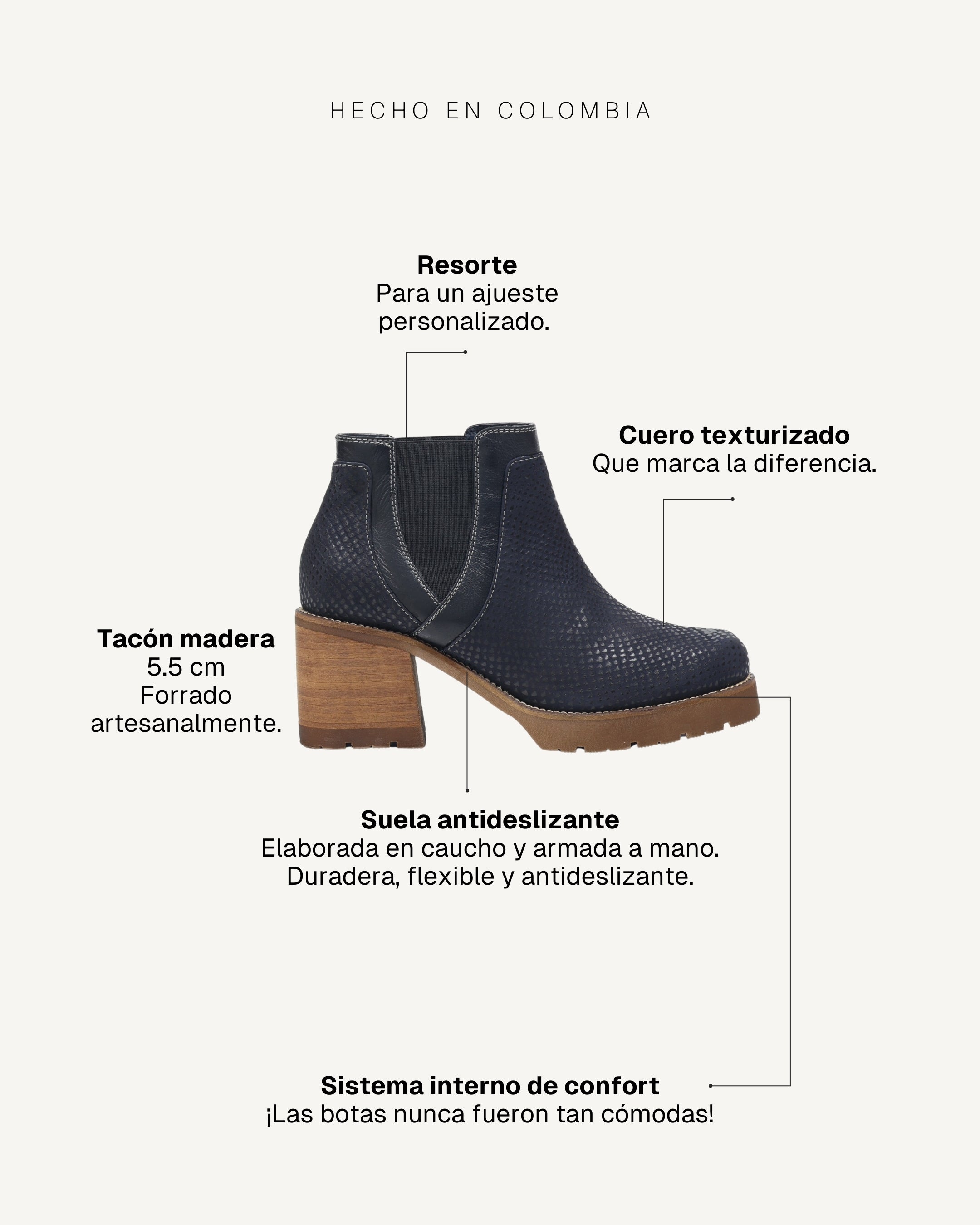 Botines en Cuero Texturizado con Resorte Pier Azul - Antonina