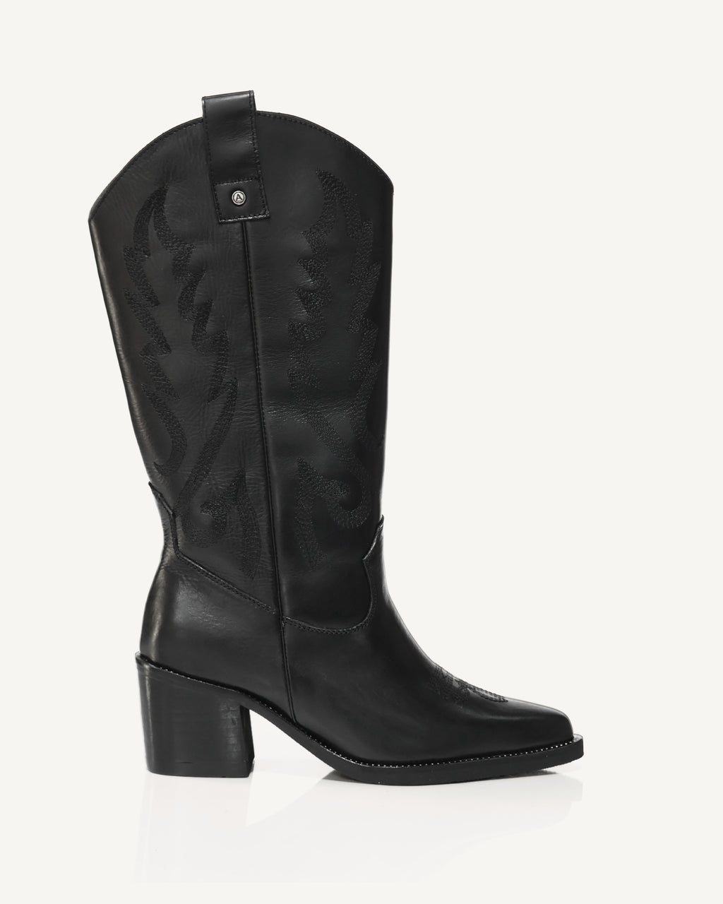 Botas Texanas Caña Media-Alta en Cuero con Bordado a Tono Sonora Negro - Antonina