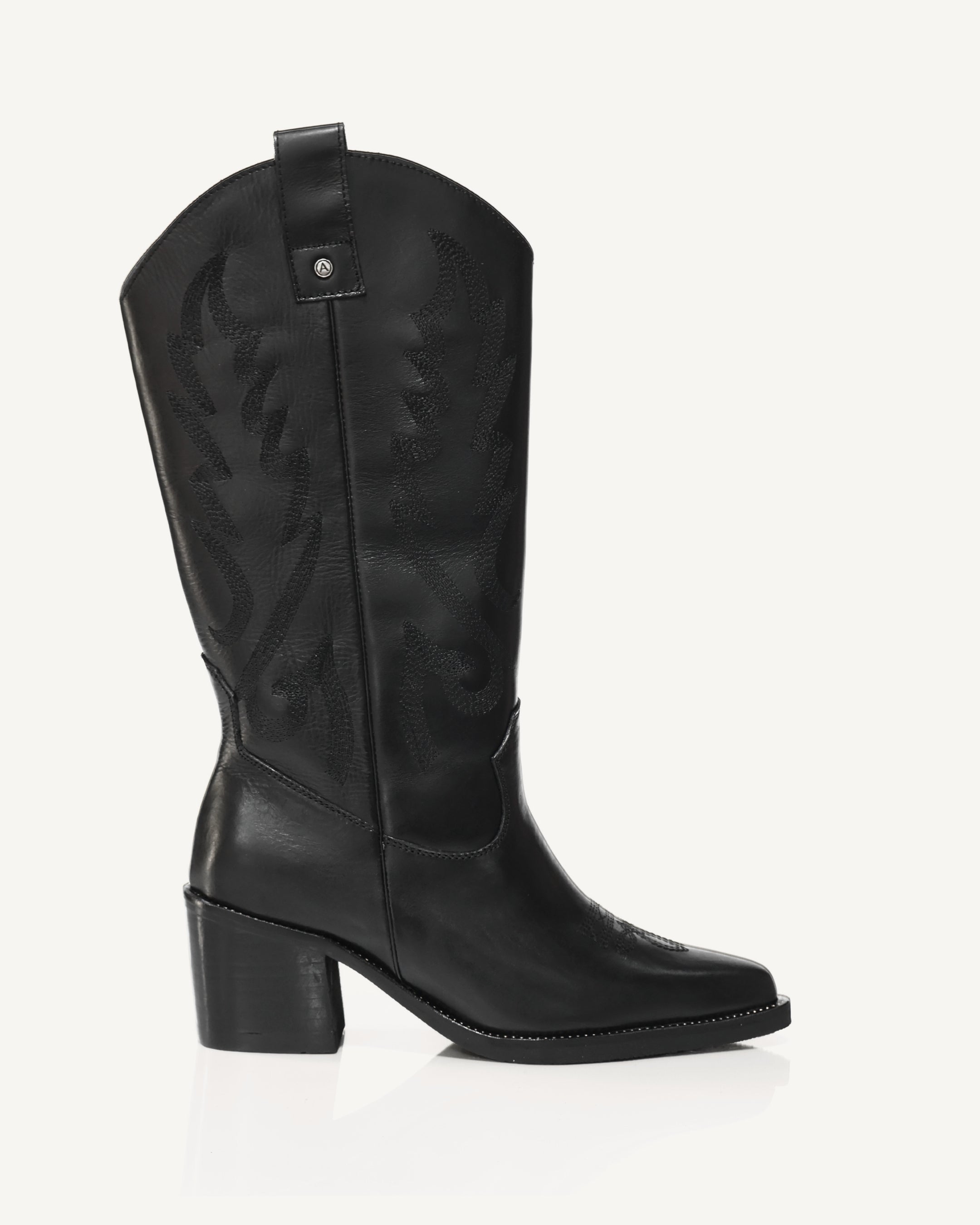 Botas Texanas Caña Media-Alta en Cuero con Bordado a Tono Sonora Negro - Antonina