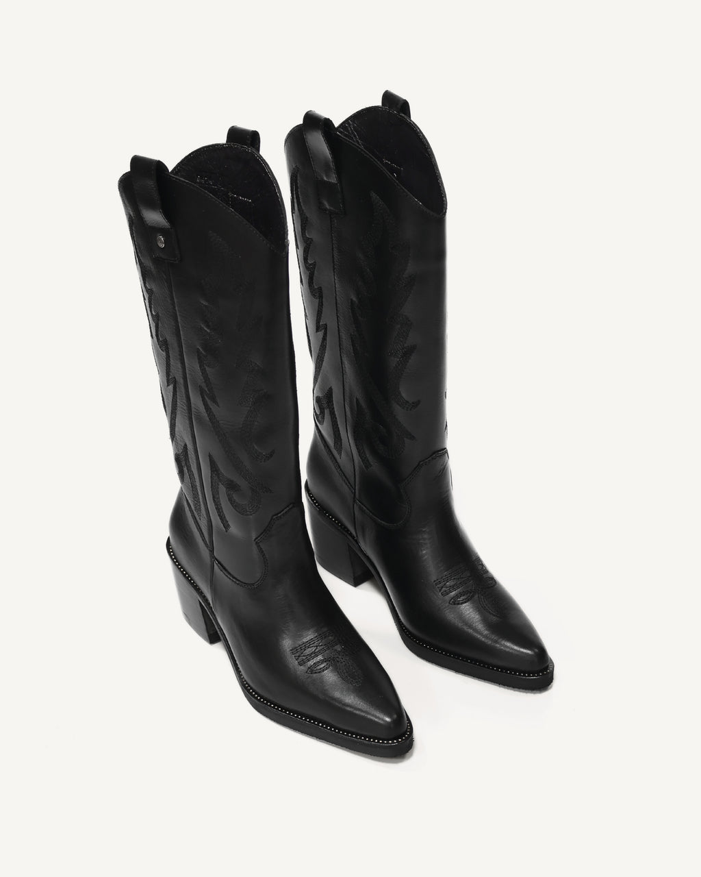 Botas Texanas Caña Media-Alta en Cuero con Bordado a Tono Sonora Negro - Antonina