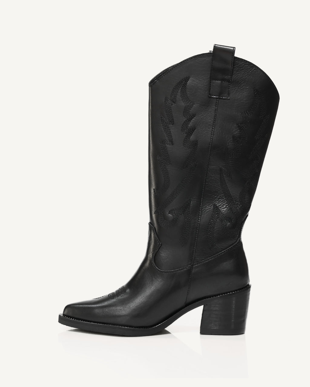 Botas Texanas Caña Media-Alta en Cuero con Bordado a Tono Sonora Negro - Antonina