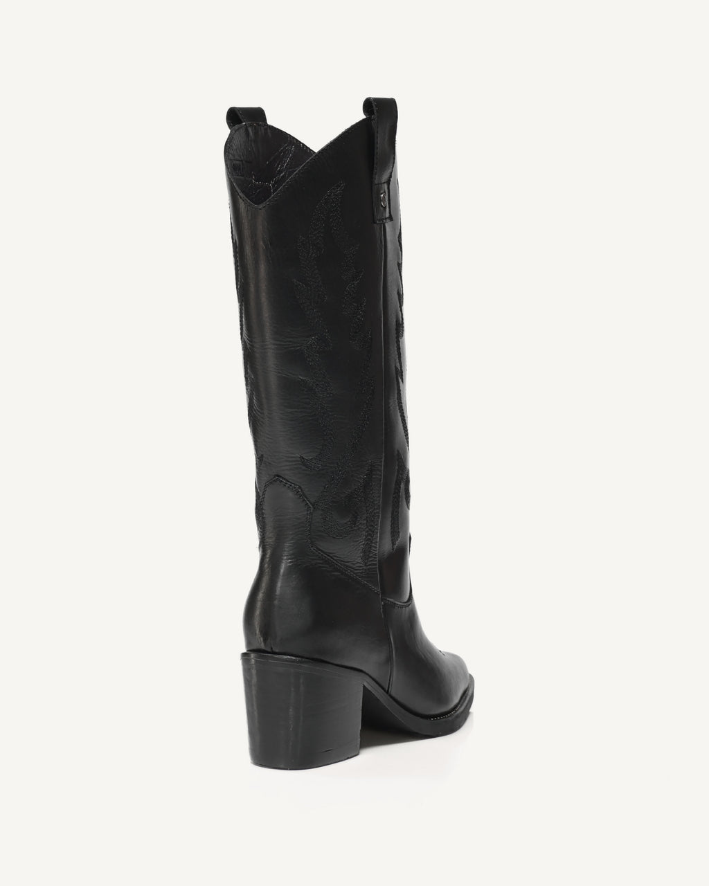 Botas Texanas Caña Media-Alta en Cuero con Bordado a Tono Sonora Negro - Antonina