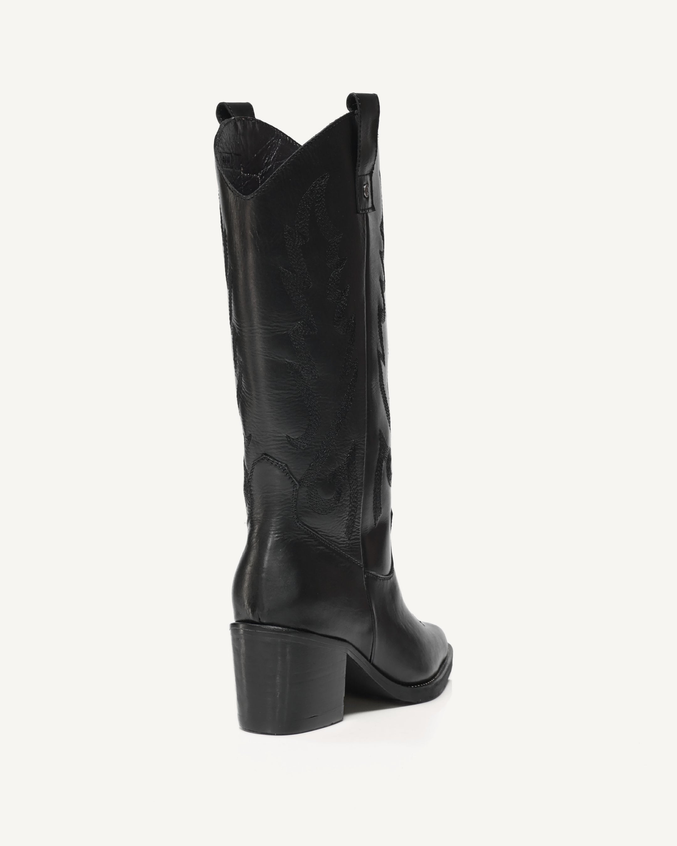 Botas Texanas Caña Media-Alta en Cuero con Bordado a Tono Sonora Negro - Antonina