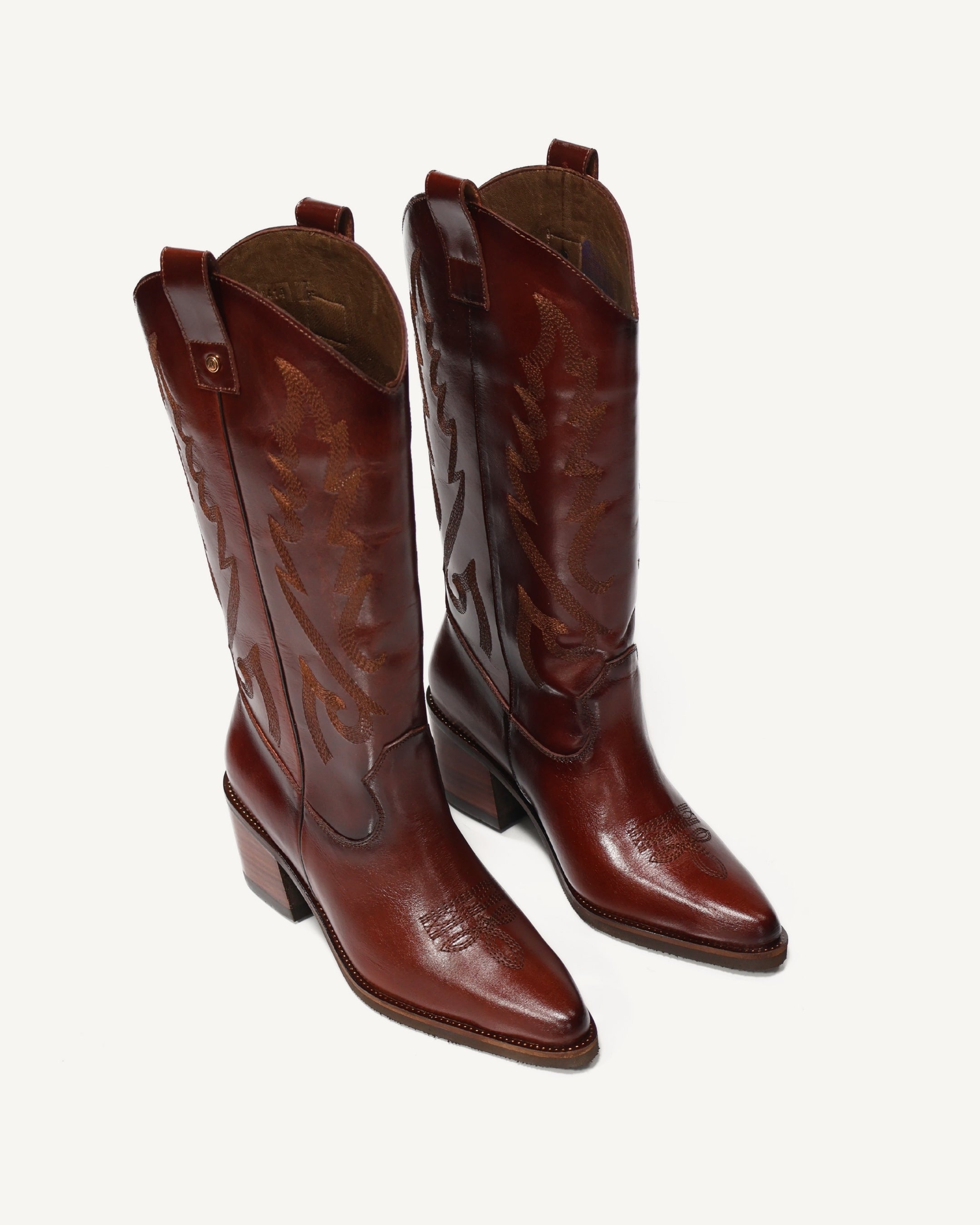 Botas Texanas Caña Media-Alta en Cuero con Bordado a Tono Sonora Miel - Antonina