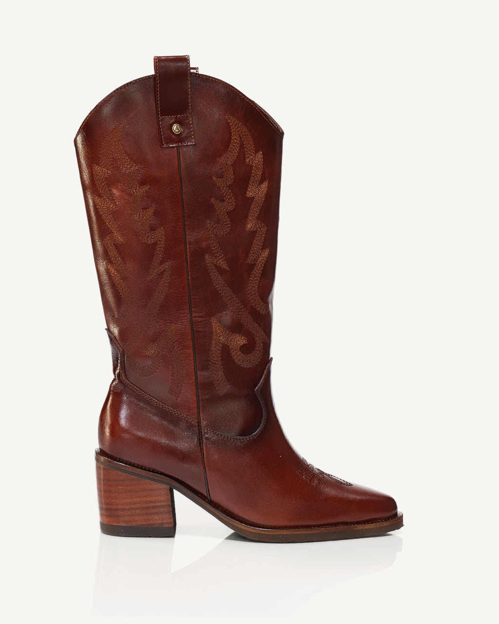 Botas Texanas Caña Media-Alta en Cuero con Bordado a Tono Sonora Miel - Antonina