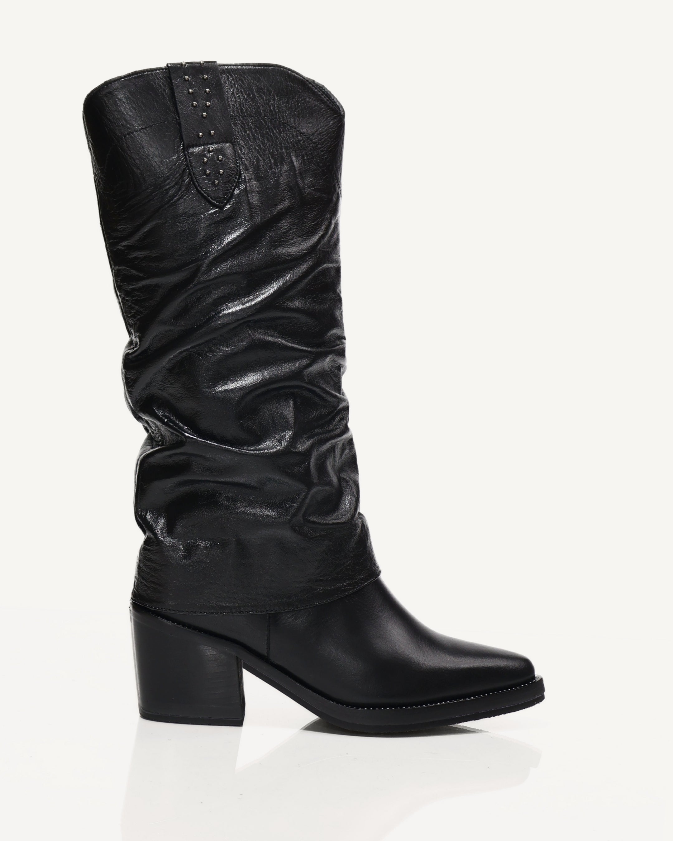 Botas Slouchy en Doble Capa de Cuero San Antonio Negro - Antonina