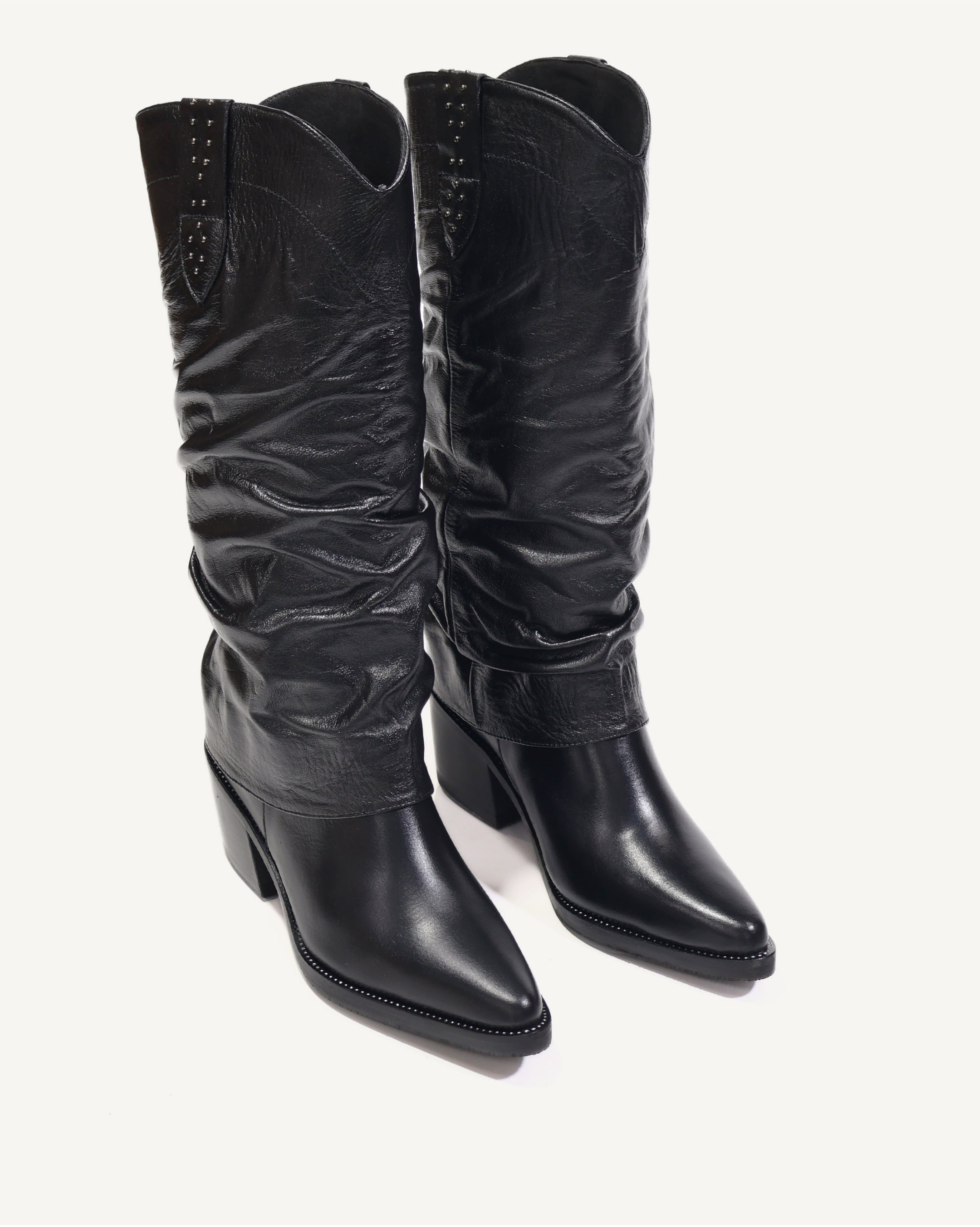 Botas Slouchy en Doble Capa de Cuero San Antonio Negro - Antonina