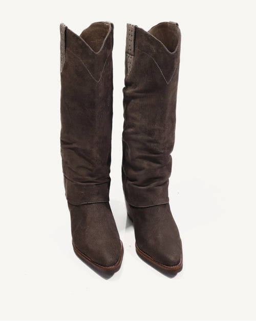 Botas Slouchy en Doble Capa de Cuero Ante San Antonio Taupé - Antonina