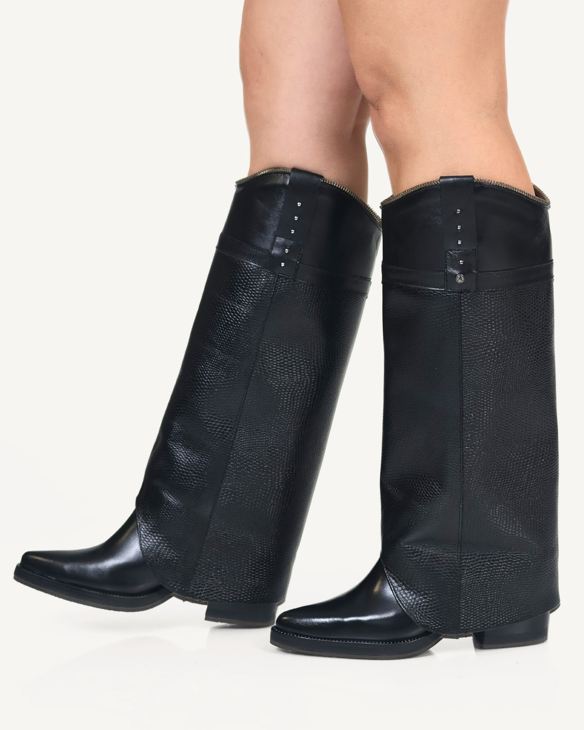 Botas Texanas Caña Alta con Doble Capa de Cuero Vane Negro - Antonina
